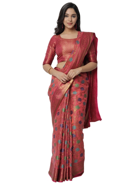 

PERFECTBLUE Pink & Blue Floral Zari Silk Blend Saree