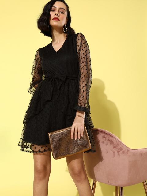 

STALK Women Stylish Black Polka-Dotted Dress with a Belt