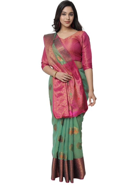 

PERFECTBLUE Lime Green & Pink Woven Design Saree