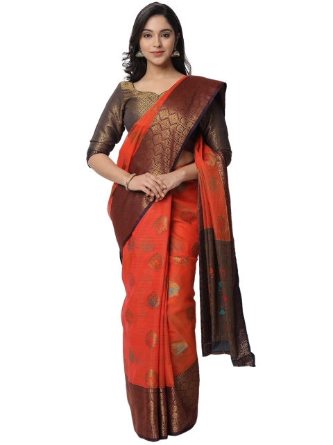 

PERFECTBLUE Orange & Purple Ethnic Motifs Zari Silk Blend Saree