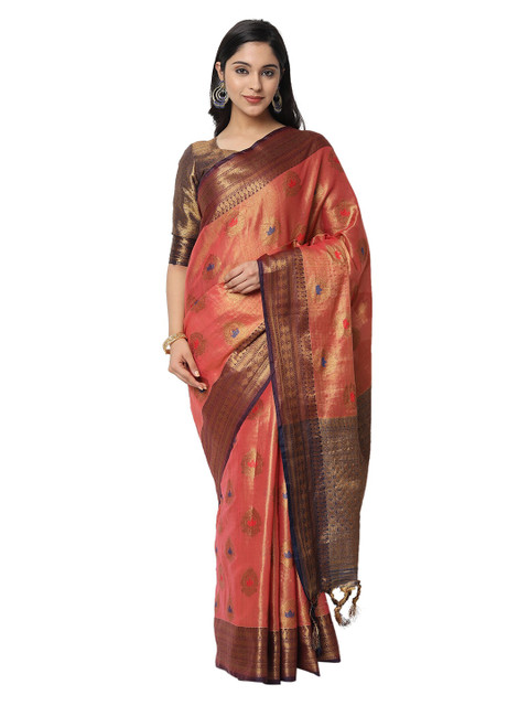 

PERFECTBLUE Orange & Purple Ethnic Motifs Silk Blend Saree