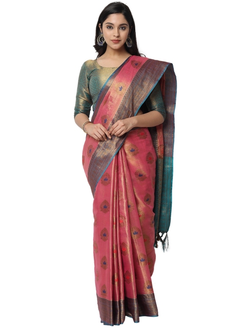 

PERFECTBLUE Pink & Grey Woven Design Zari Silk Blend Saree