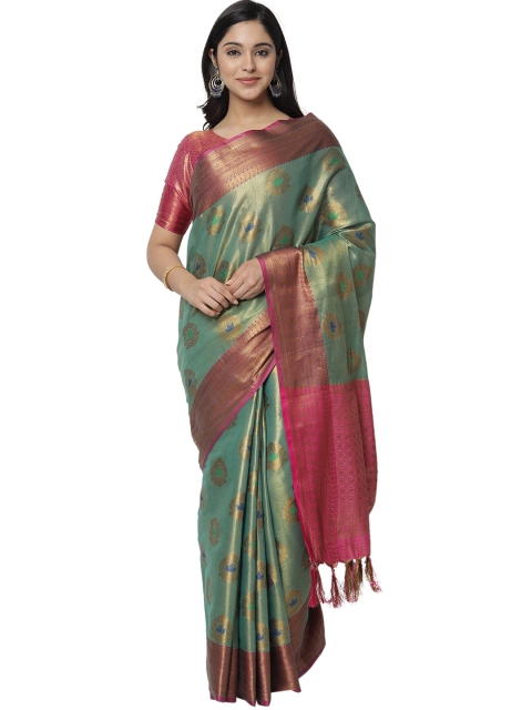 

PERFECTBLUE Green & Pink Ethnic Motifs Zari Silk Blend Kanjeevaram Saree