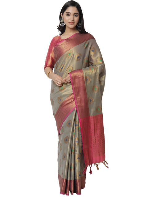 

PERFECTBLUE Grey & Pink Ethnic Motifs Zari Silk Blend Kanjeevaram Saree