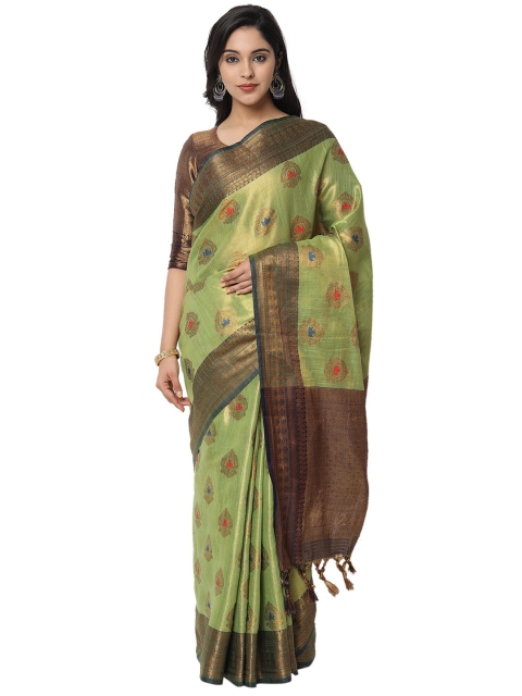 

PERFECTBLUE Green & Blue Ethnic Motifs Zari Silk Blend Saree