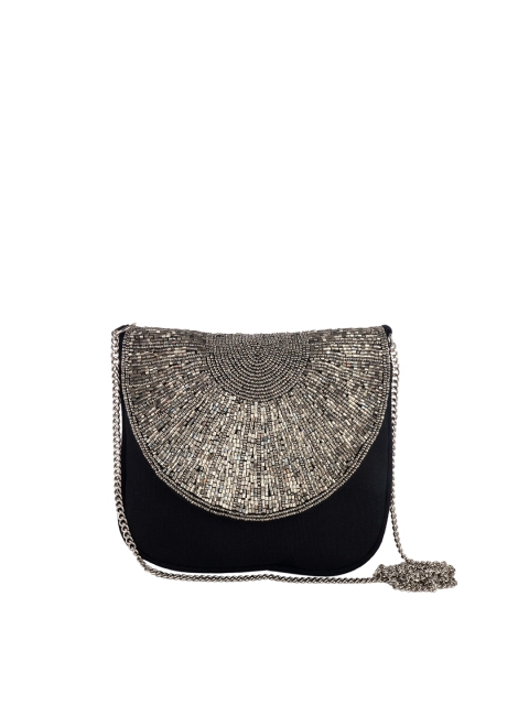 

REZZY Black & Silver-Toned Embellished Purse Clutch