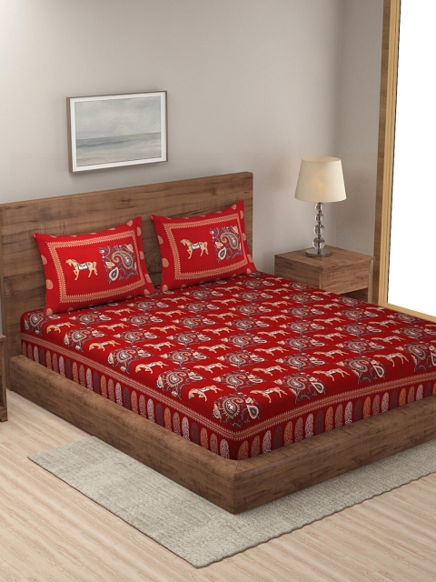 

Rajasthan Decor Red & Beige Ethnic Motifs 144 TC King Bedsheet with 2 Pillow Covers