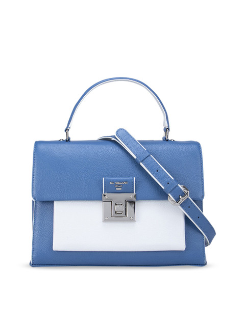 

Da Milano Blue & White Colourblocked Leather Structured Satchel
