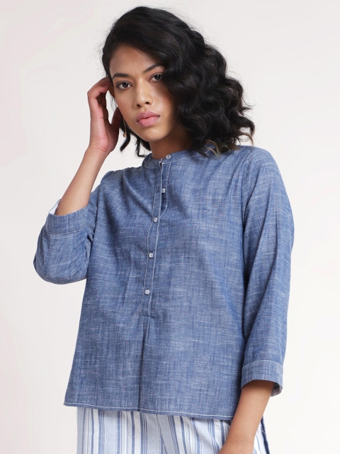 

Marigold by FableStreet Blue Mandarin Collar Shirt Style Top