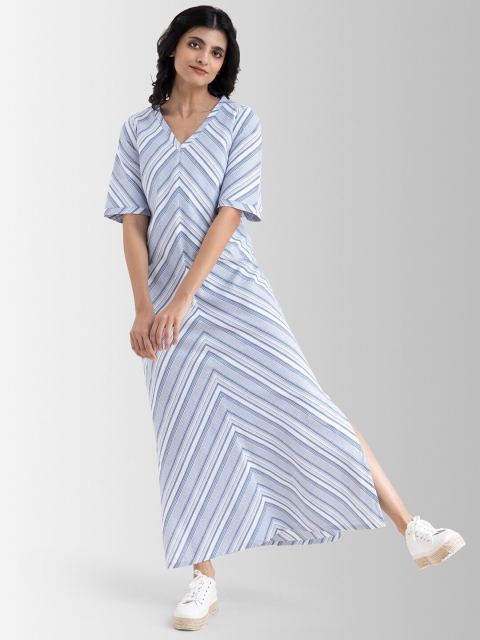 

Marigold by FableStreet White & Blue Striped Maxi Dress with Side Slit
