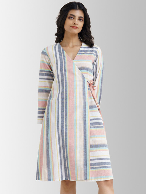 

Marigold by FableStreet Peach-Coloured Striped Cotton Wrap Dress
