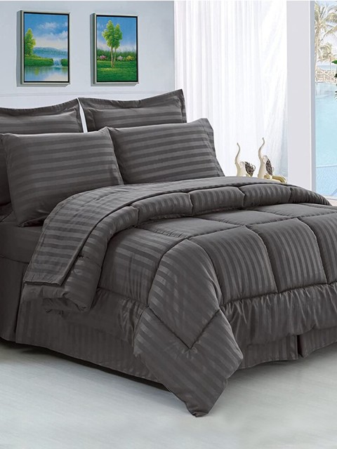 

LINENWALAS Happy Sleeping Grey Striped Microfiber Mild Winter 300 GSM Single Bed Comforter