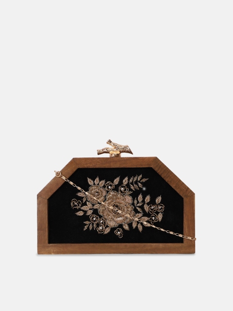 

ARTFLYCK Brown & Gold-Toned Embroidered Box Clutch