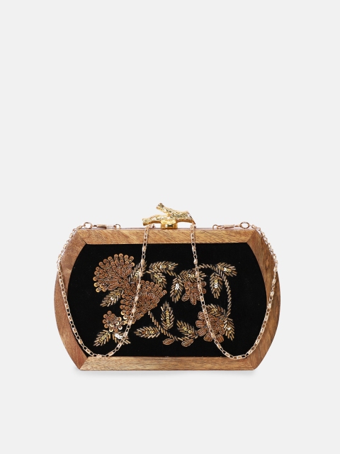 

ARTFLYCK Brown & Gold-Toned Embroidered Wooden Box Clutch