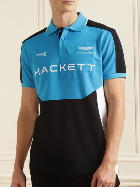 

HACKETT LONDON Men Blue Typography Colourblocked Polo Collar T-shirt