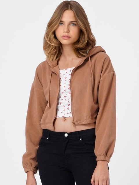 

ONLY Women Brown Solid Hooded Crop Sweatshirt