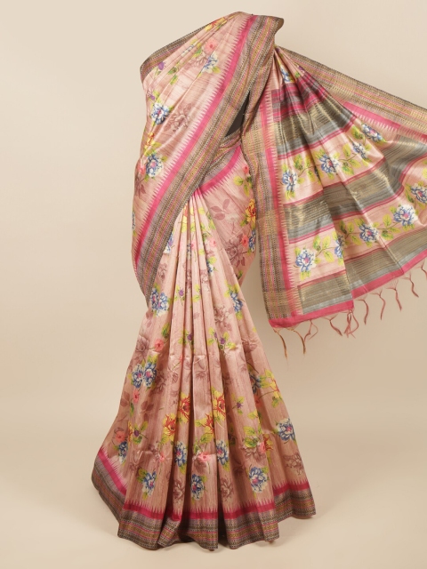 

Pothys Peach-Coloured & Pink Floral Printed Jute Silk Saree