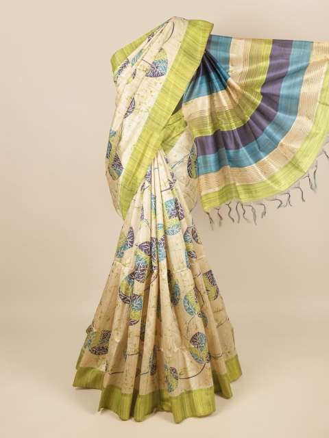 

Pothys Cream-Coloured & Green Ethnic Motifs Jute Silk Saree