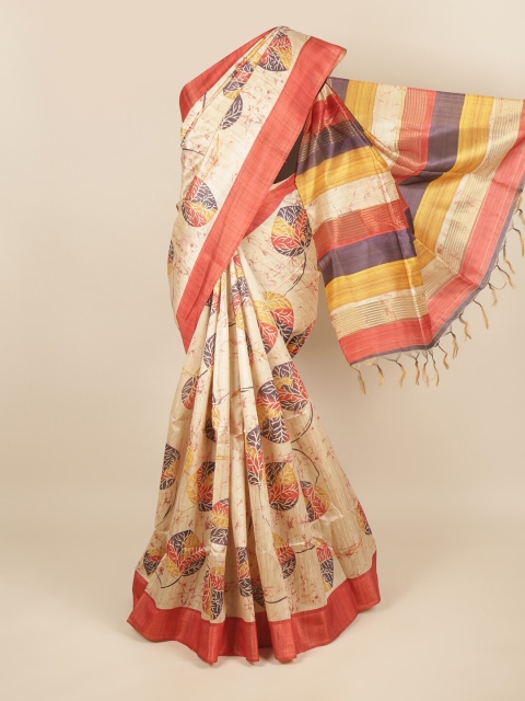 

Pothys Cream-Coloured & Orange Ethnic Motifs Jute Silk Saree