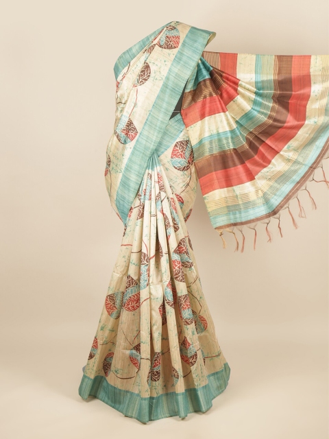 

Pothys Cream-Coloured & Blue Floral Jute Silk Saree