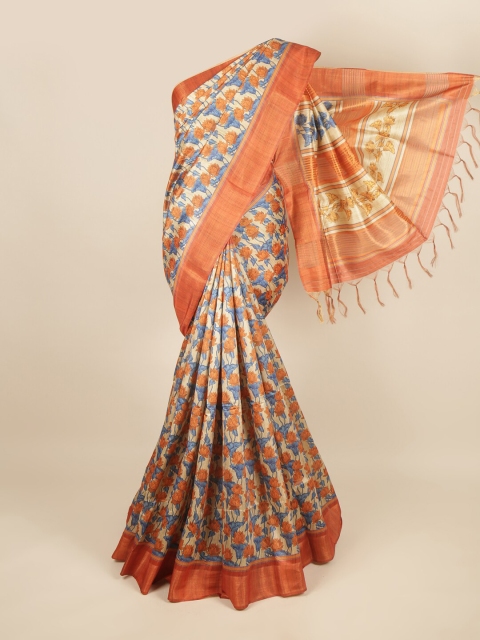 

Pothys Cream-Coloured & Orange Floral Jute Silk Saree