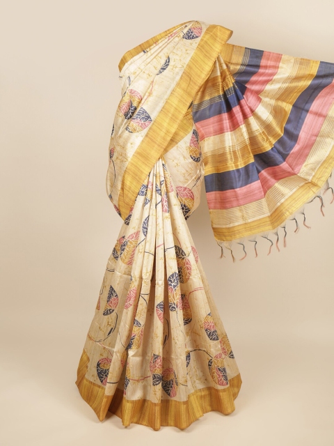 

Pothys Cream-Coloured & Mustard Ethnic Motifs Jute Silk Saree