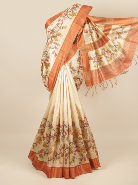 

Pothys Cream-Coloured & Orange Floral Jute Silk Saree