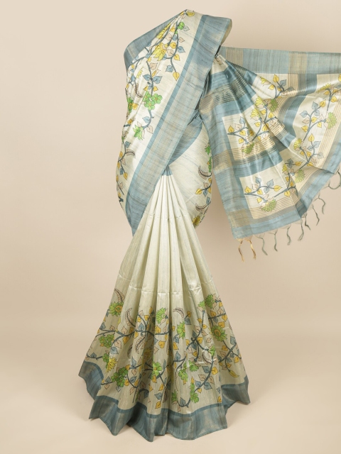 

Pothys Cream-Coloured & Blue Floral Jute Silk Saree