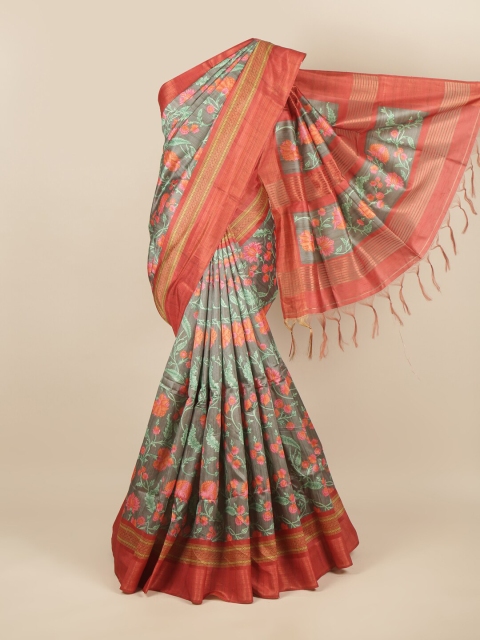 

Pothys Grey & Rust Floral Jute Silk Saree
