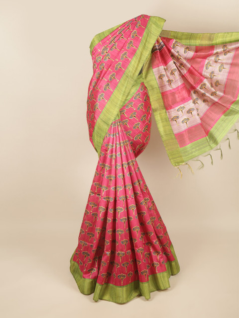 

Pothys Pink & Green Ethnic Motifs Jute Silk Saree