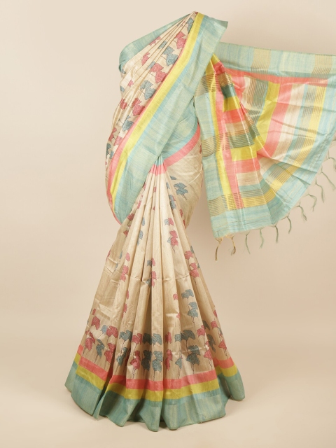 

Pothys Cream-Coloured & Blue Printed Jute Silk Saree