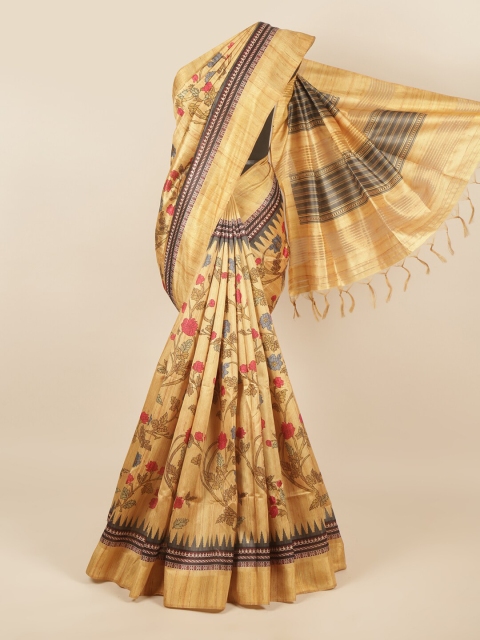 

Pothys Gold-Toned & Pink Floral Jute Silk Saree