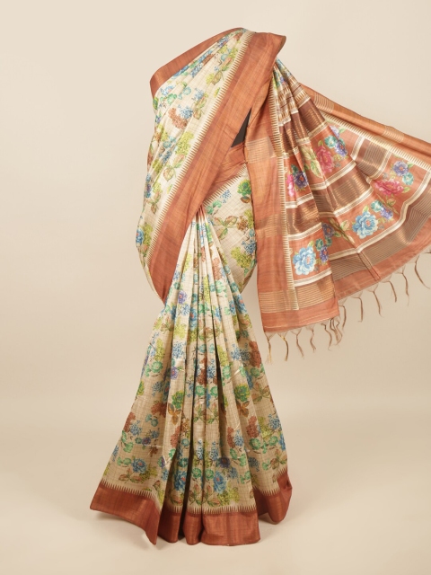 

Pothys Cream-Coloured & Green Ethnic Motifs Printed Jute Silk Saree
