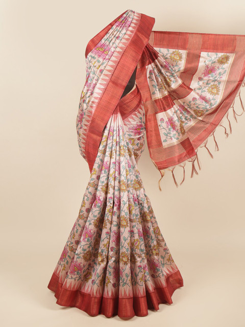 

Pothys Pink & Red Floral Zari Jute Silk Saree