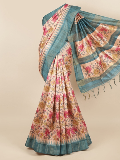 

Pothys Peach-Coloured & Red Floral Zari Jute Silk Saree