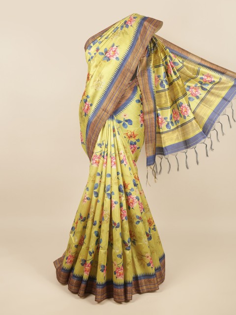 

Pothys Yellow & Blue Floral Jute Silk Saree