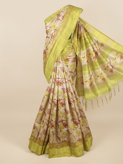 

Pothys Cream-Coloured & Green Floral Jute Silk Saree