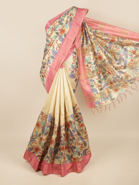 

Pothys Cream-Coloured & Pink Floral Zari Jute Silk Saree