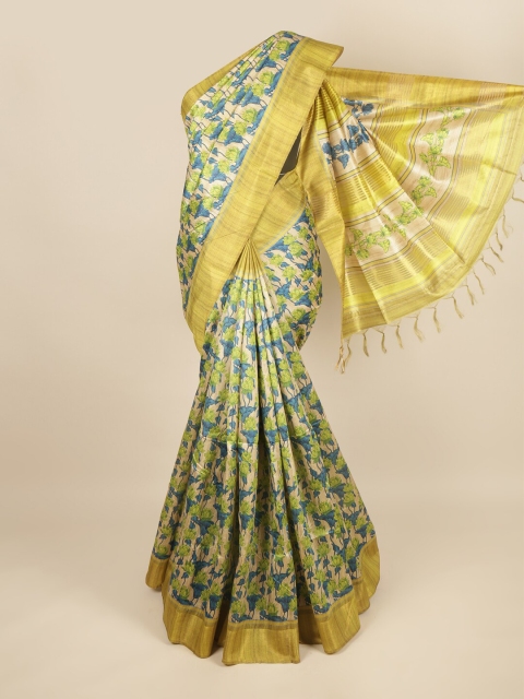 

Pothys Cream-Coloured & Blue Floral Printed Jute Silk Saree