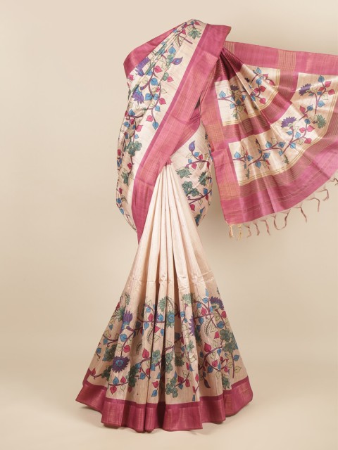 

Pothys Cream-Coloured & Blue Floral Zari Jute Silk Saree