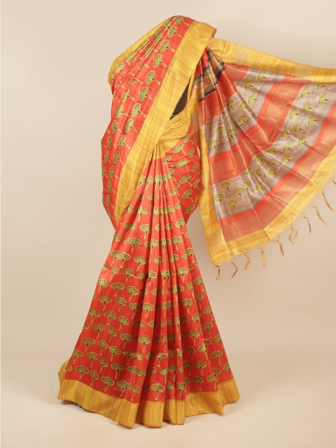 

Pothys Red & Yellow Floral Jute Silk Saree