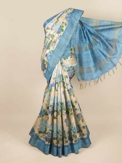 

Pothys Cream-Coloured & Blue Floral Printed Jute Silk Saree