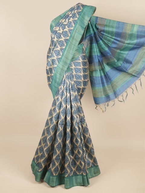 

Pothys Cream-Coloured & Blue Ethnic Motifs Zari Jute Silk Saree