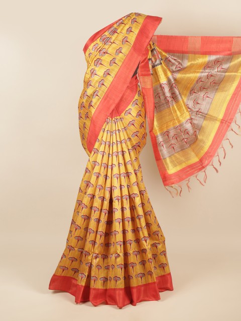 

Pothys Yellow & Orange Ethnic Motifs Zari Jute Silk Saree
