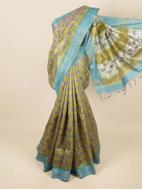 

Pothys Green & Blue Floral Printed Jute Silk Saree