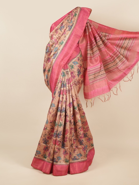 

Pothys Peach-Coloured & Blue Floral Jute Silk Saree