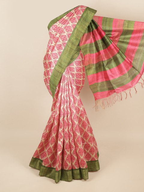 

Pothys Cream-Coloured & Pink Ethnic Motifs Printed Zari Jute Silk Saree