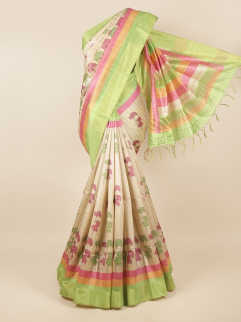 

Pothys Cream-Coloured & Green Ethnic Motifs Zari Jute Silk Saree