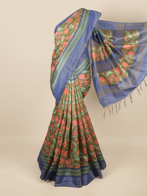 

Pothys Green & Blue Floral Printed Jute Silk Saree