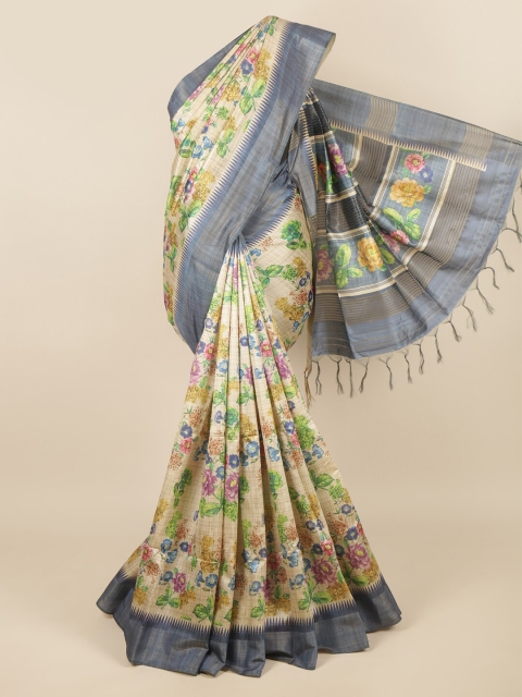 

Pothys Cream-Coloured & Green Floral Printed Zari Jute Silk Saree